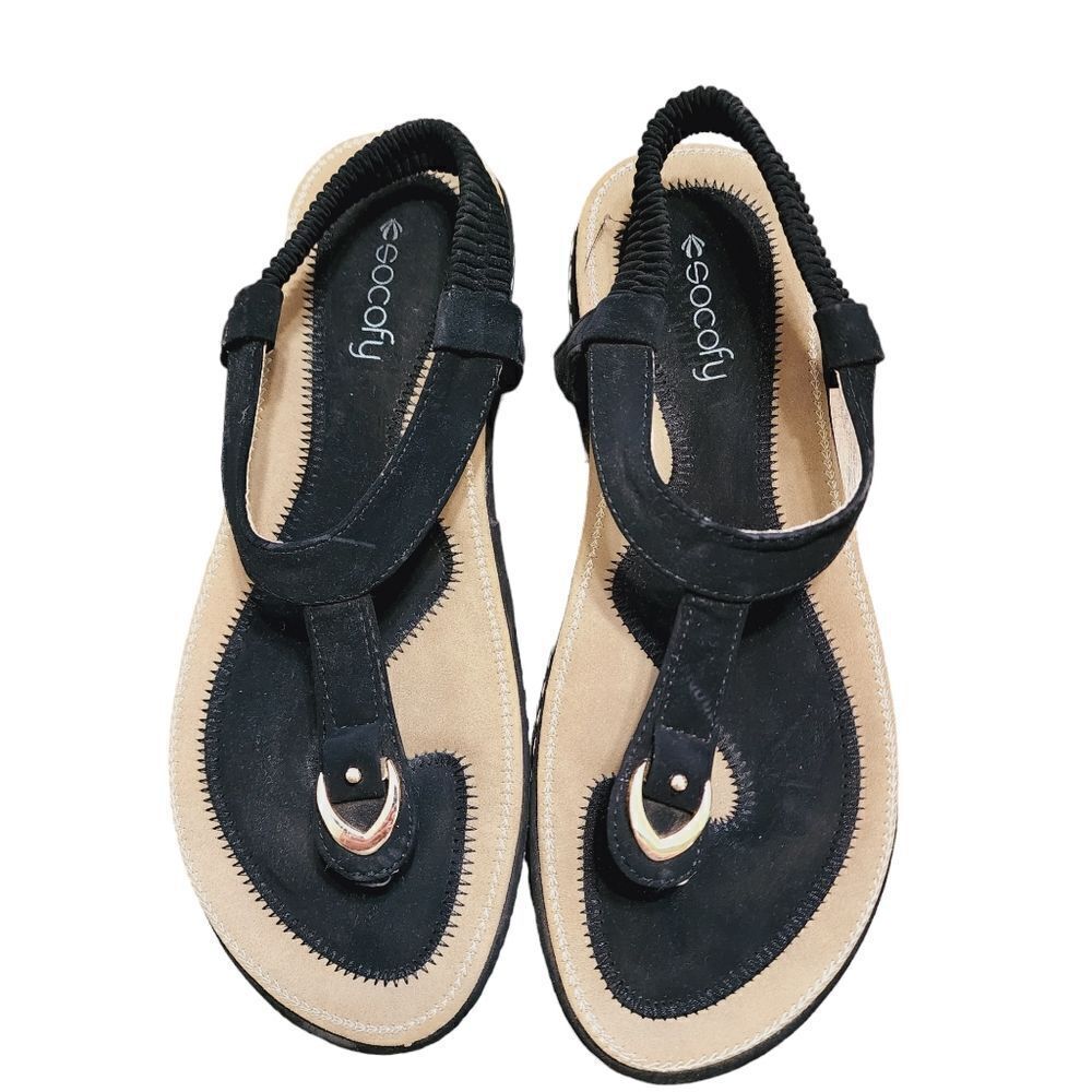 Socofy black suede slingback thong sandals Sz 10